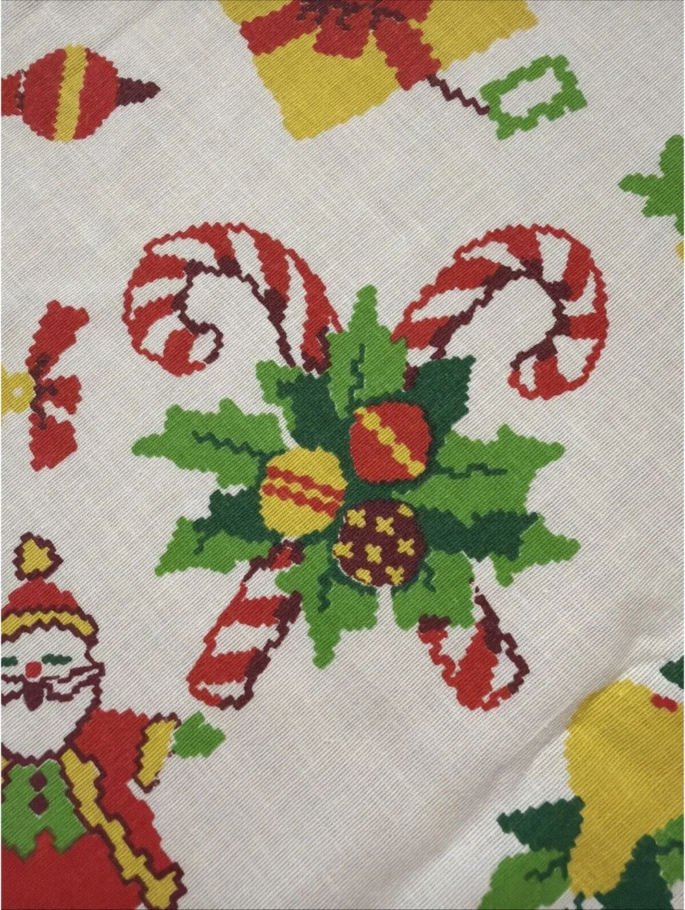 VTG Christmas Tablecloth Kitschy Mid Century Santa Angel Wreath Candy Cane 58x84